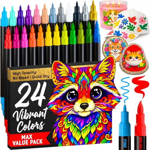 ARTISTRO 24 Acrylic Paint Markers - Paint Pens for Drawing, Brush + Fine Tips - For Fabric, Rock,...