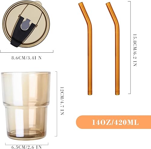 Miniatura 2 de Puraville Paquete de 2 tazas de café helado de 14 oz14.2 fl oz con tapas y pajitas, vasos de vidrio de pared gruesa para café con mangas aisladas,