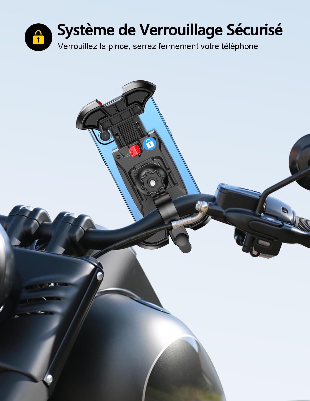 Mohard Support Téléphone Vélo, 2025 Améliorée [Ne Tombe Jamais] [0 Secousses] [Installation en 3s] Support Telephone Moto pour VTT Scooter, 360° Rotation Porte Telephone Velo pour 4,7-6,8'' Smartphone