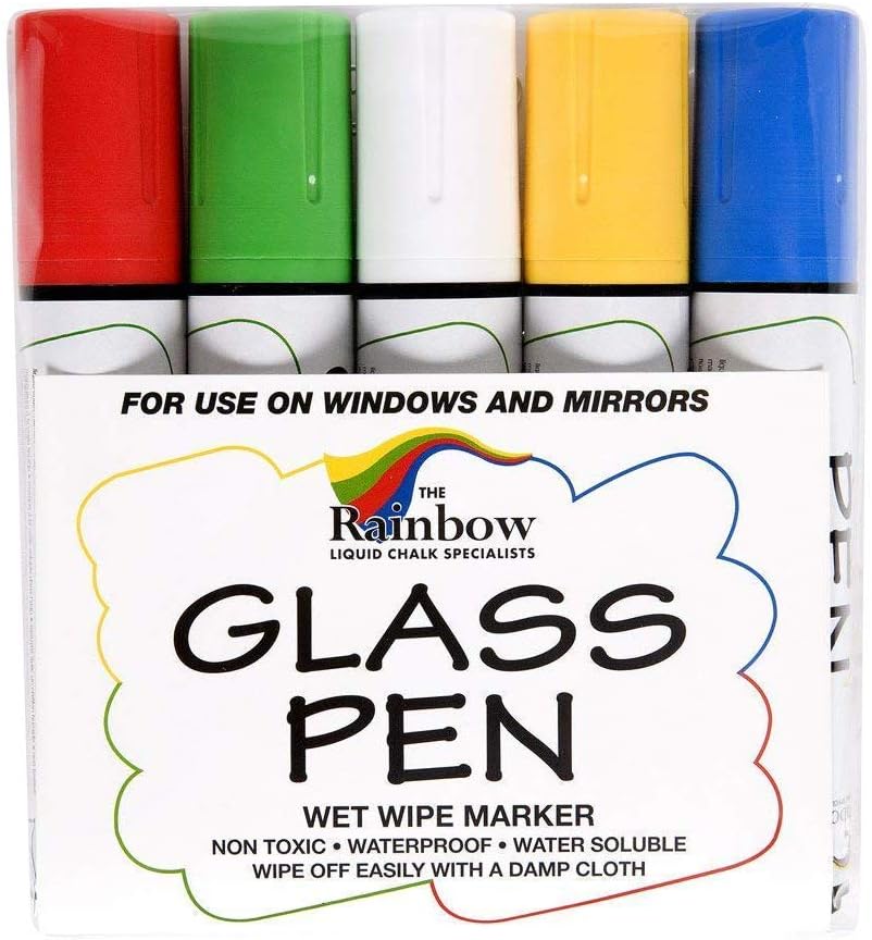 Rainbow Chalk Markers Limited Glass Pen Large Red, Yellow, Blue, Green, White 5 Pack - Write on Windows, Mirrors, Signs, Storefronts. Non-Toxic, Remove with Damp Cloth