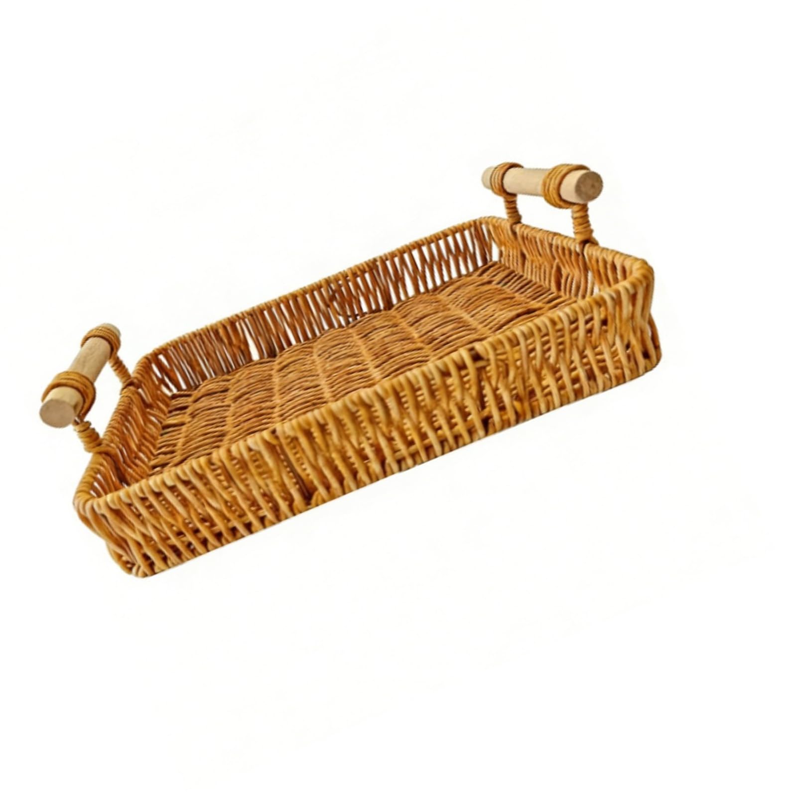 Zxfdsfdbnm Handwoven Organizers Tray Polyethylene Wicker Look Basket with Wood Handles for Bathroom Counter and Dresser Decors Makeup Holder