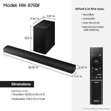 Samsung B-Series Soundbar HW-B750F 5.1 ch Subwoofer (2025 Model) Voice Enhance Mode, Q-Symphony, Adaptive Sound