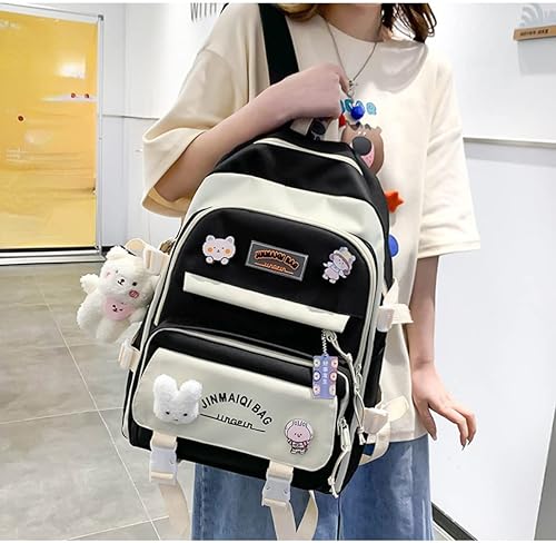 Vista 3 de Juego de 5 mochilas kawaii con colgante de oso y alfileres - Kit de mochila de conejito de anime japonés con diseño de retazos, Negro -, Mochila