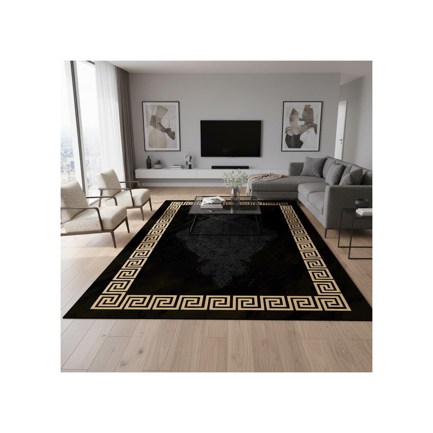 Tapis Moderne Noir et doré à Motifs grecs, Lavable, imprimé numérique, 7 mm, antidérapant, Salon, Chambre