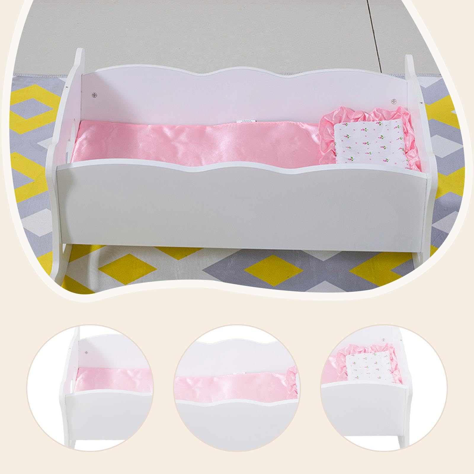 Letto A Dondolo Per Bambole In Legno Bianco | funzione oscillante, cuscino e coperta inclusi, gioco realistico