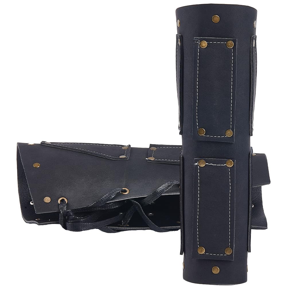 GORGECRAFT 2PCS Black Archery Bracers Nordic Renaissance Leather Arm Guards Retro Leather Gauntlet Wristband Suede imitation leather Cloth Decoration Arm Armor Cuff for LARP Knight Cosplay Costumes - Image 4
