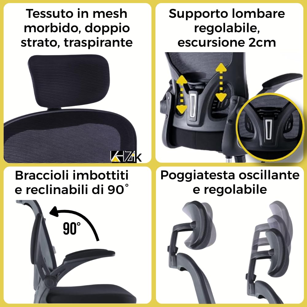 ZIK - Sedia Ergonomica da Ufficio, Scrivania, con Supporto Lombare e Regolazione Schienale, Sedia da Ufficio con Rotelle e Braccioli Reclinabili, Poggiatesta Oscillante e Regolabile
