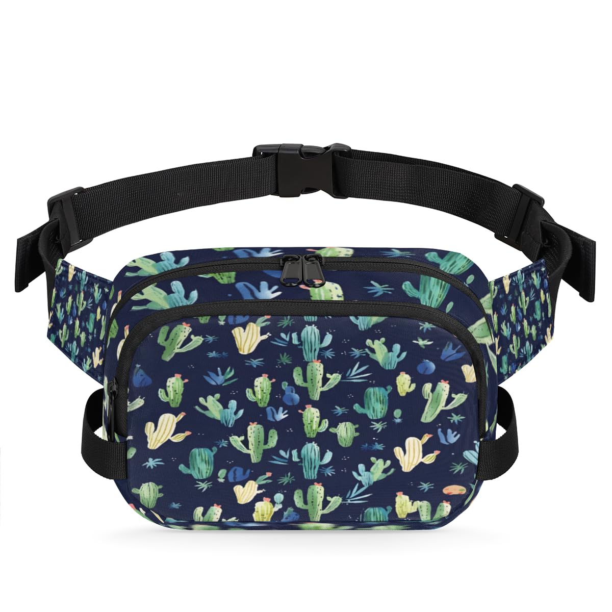 Watercolour Cactus Waterproof Fanny Pack for Women Men Adjustable Waist Bag with Double Zipper Pockets Lightweight Square Hip Pack for Running Travel Hiking Workout Cycling