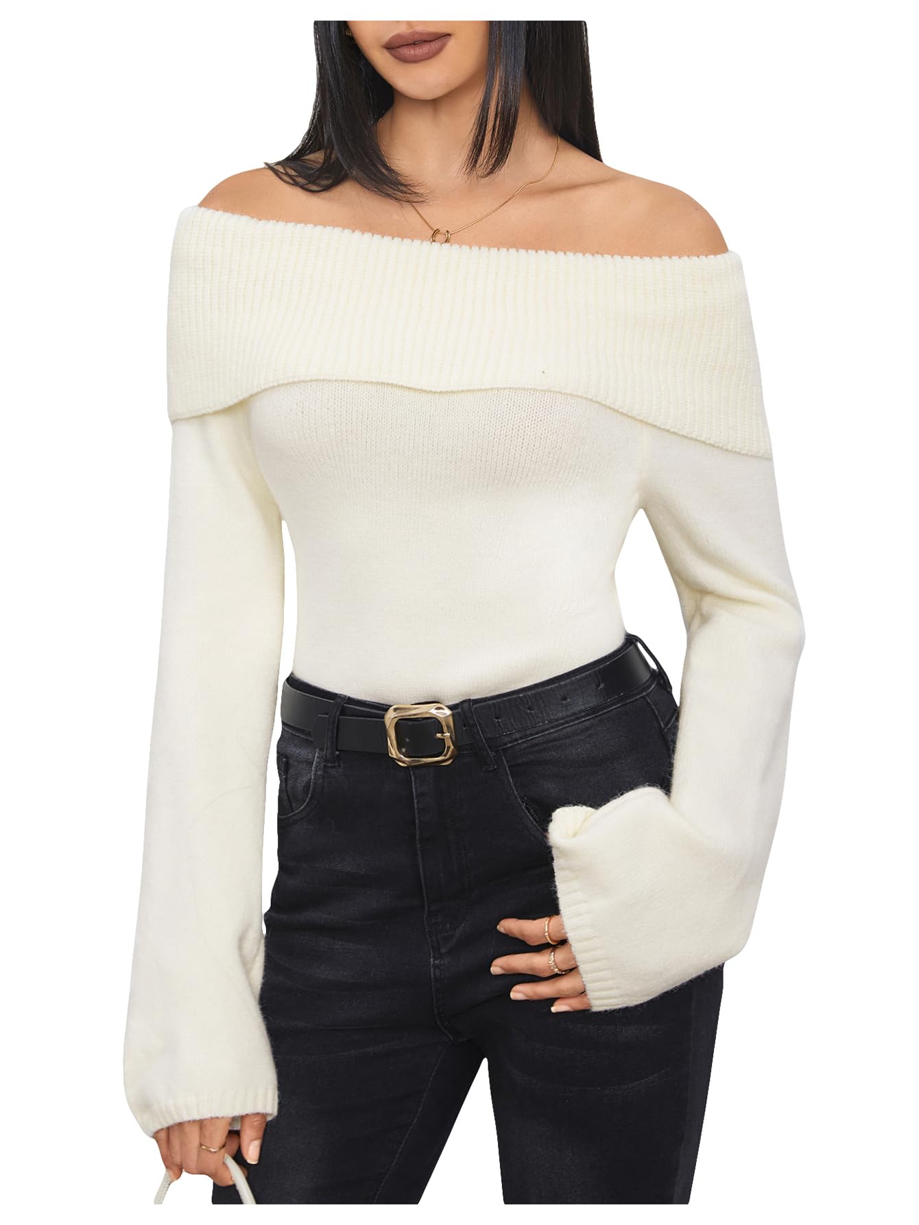 MakeMeChic Womens Off Shoulder Sweater Long Sleeve Fold Over Sweater Pullover Tops
