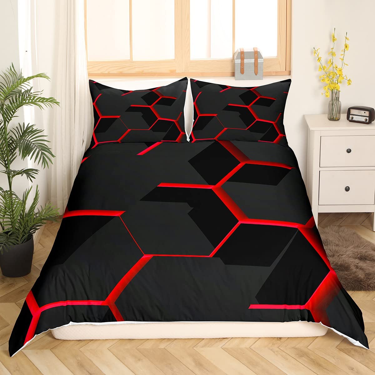 Geometric Honeycomb Duvet Cover Red Hexagon Comforter Cover Beehive Hexagon Bedding Set Geometrical Bedspread Cover Beehive Decor King Bedclothes Zipper - Image 2