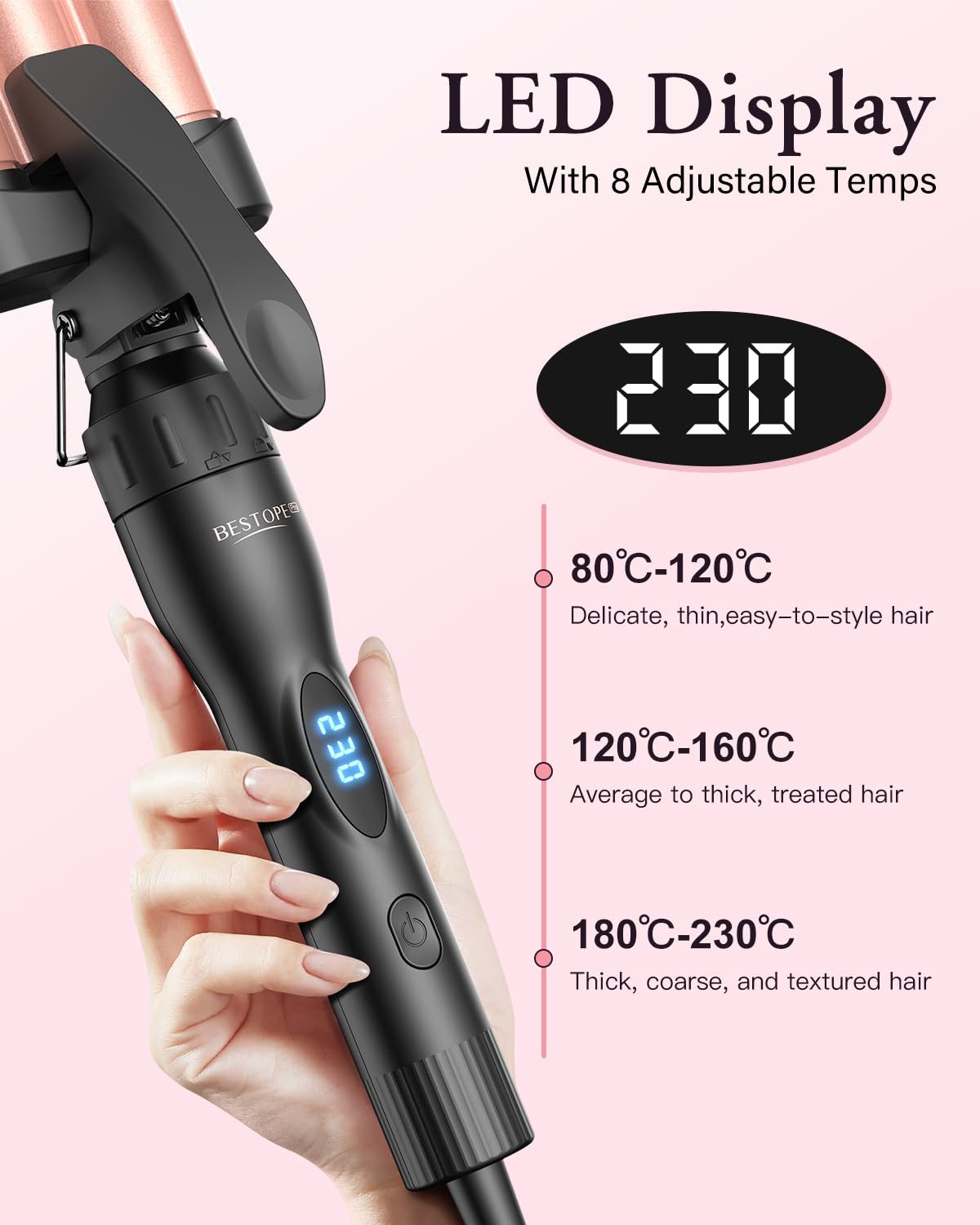 Fer à boucler 3 barils, fer à onduler, réglages de température multiples - BESTOPE PRO Fers à boucler avec écran LED 5 en 1 pour de grosses ondulations Chauffage rapide avec un gant, 2 pinces