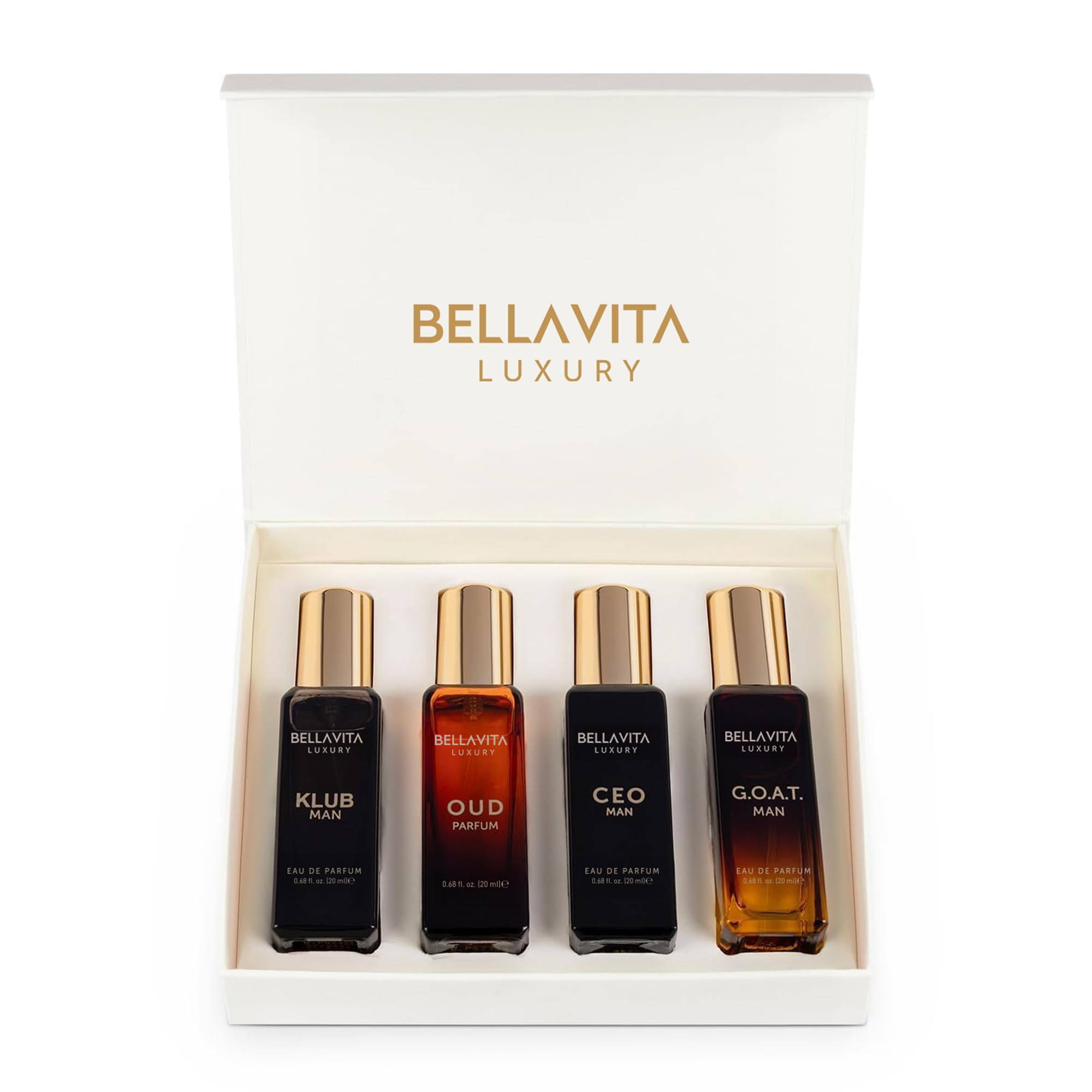 Coffret cadeau de parfum Bella Vita Luxury pour homme 4x20 ML avec Dominus, Oud, CEO, Impact Parfum | Parfum EDP & EDC à long durée aux notes boisées et citronnées
