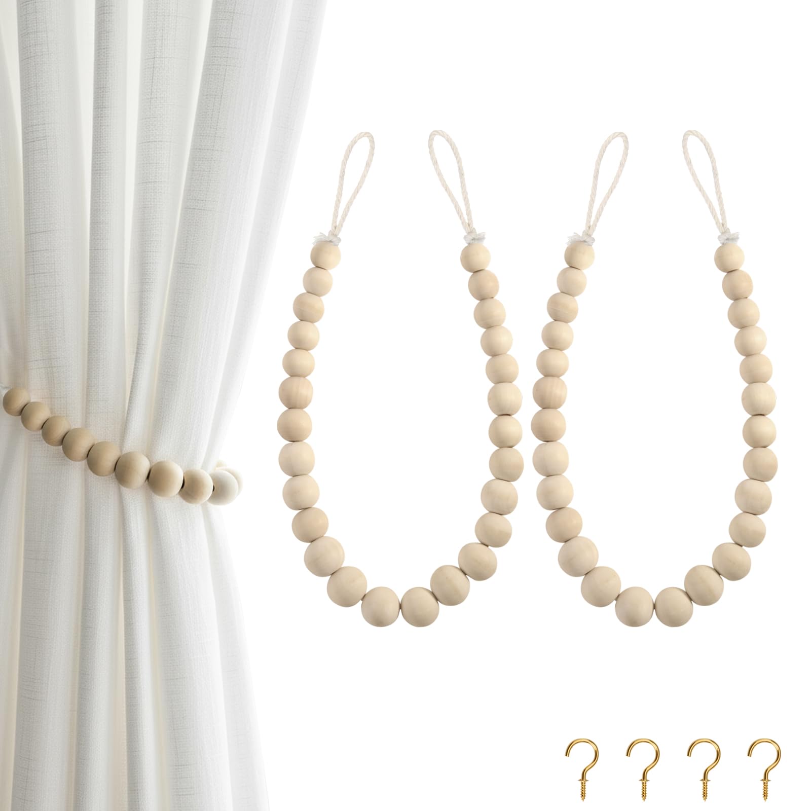 Hion 2 Pcs Boho Curtain Tiebacks,Wood Beads Curtain Holdbacks,Outdoor Farmhouse Tie Backs for Curtains,Curtain Holders for Drapes Home Office Decor with Hooks(Wood Color)