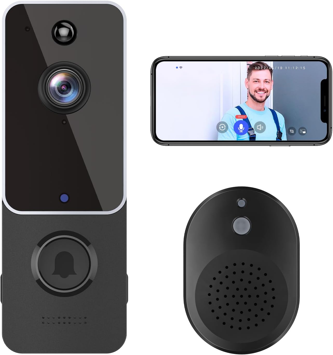 FISHBOT Doorbell Camera Wireless with Ring Chime, AI Human Detection, 1080p HD Video, Cloud Storage, Night Vision, Battery Powered, Real-Time Alert, Indoor/Outdoor Surveillance