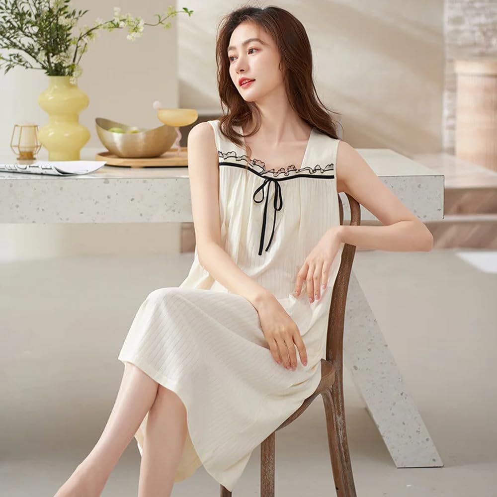 Camisón para Mujer - Verano Cuello Cuadrado Chaleco Vestido De Noche Mujer Camisón Camisón Sin Mangas Camisón Encaje Algodón Ropa De Dormir