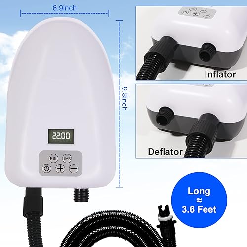 Miniatura 7 de Paddle Board Pump, SUP Electric Pump,20PSI-22PSI Portable Air Compressor with Auto-Off, Deflation Function, Inflator and Deflator for Inflatables,