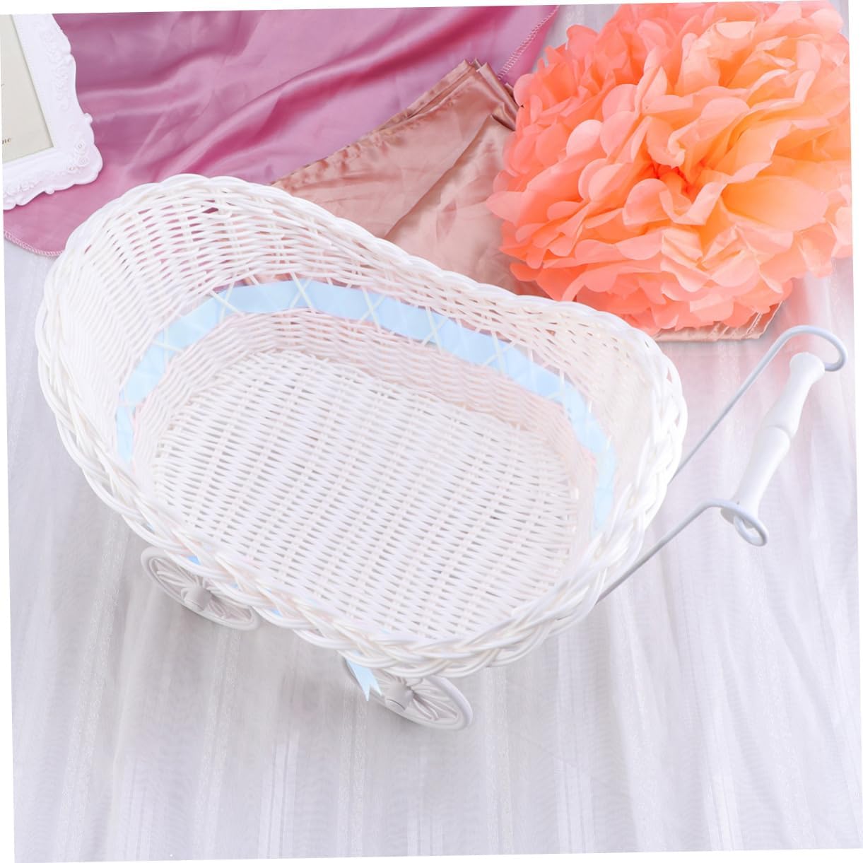 Blue Mini Cane Tricycle Flower Basket Stroller Ornament Handmade Woven Rattan Decor for Wedding Shower Party Birthday Gift and Home Decoration