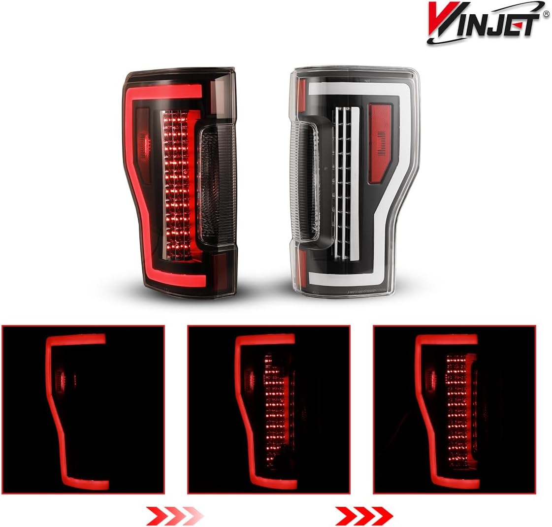 Winjet LED Sequential Tail Light Assembly For 2017 2018 2019 Ford F-250 /F-350 /F-450 Super Duty, Led Taillights Replacement w/Sequential Turn Signal/Running/Brake/Reverse Light (Black/Clear)