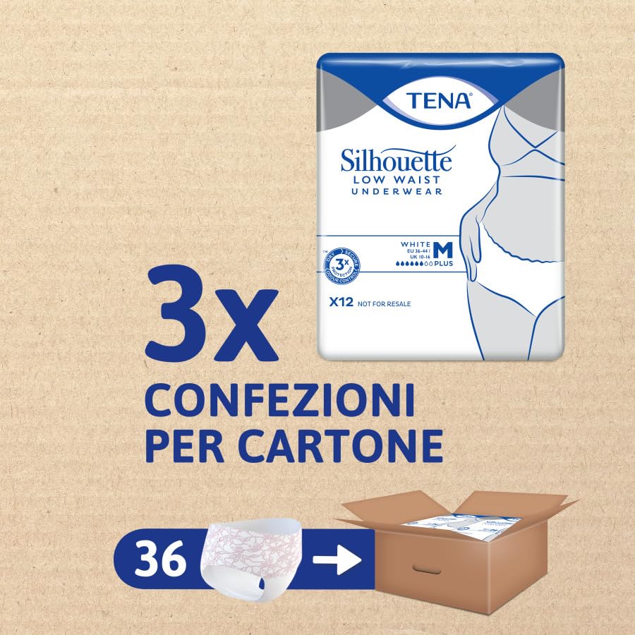 TENA Silhouette - Mutandine a vita bassa, assorbenti, per perdite urinarie, elasticizzate, monouso, per donna, Medium (M), 3 confezioni x 12 pezzi
