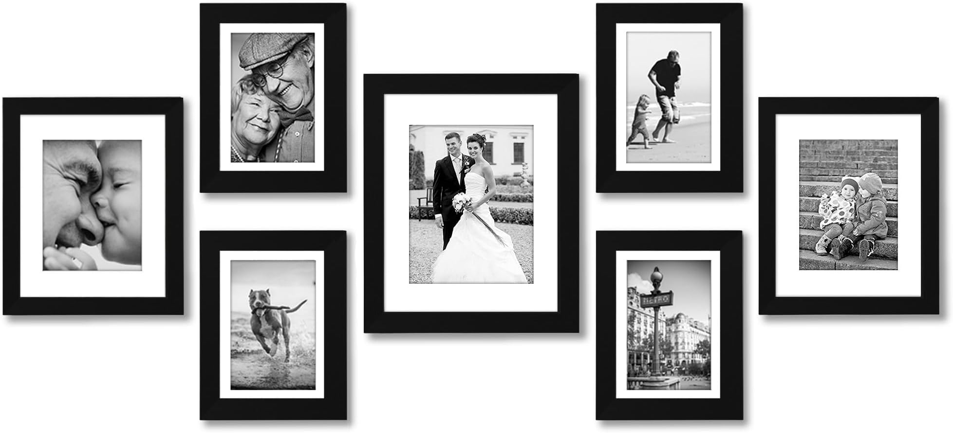 Americanflat Set of 7 Picture Frames with Shatter-Resistant Glass - Gallery Wall Frame Set with One 11x14, Two 8x10 and Four 5x7 Frames - Signature Collection - Black