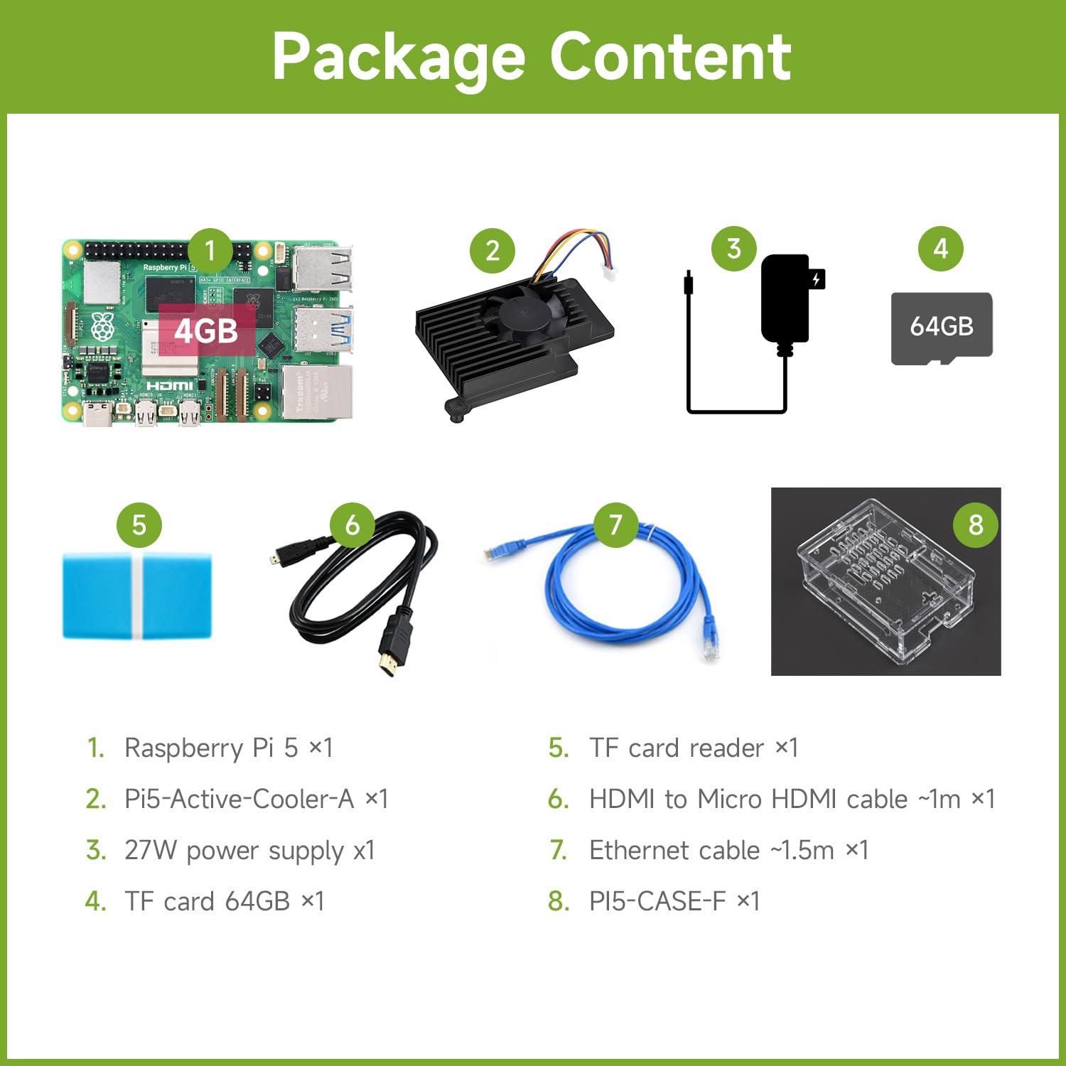 Waveshare Starter Kit, Compatible with Raspberry Pi 5, Bundle with Raspberry Pi 5 4GB, 64GB TF Card, Cooler, Case, Ethernet Cable and So on (8 Items)