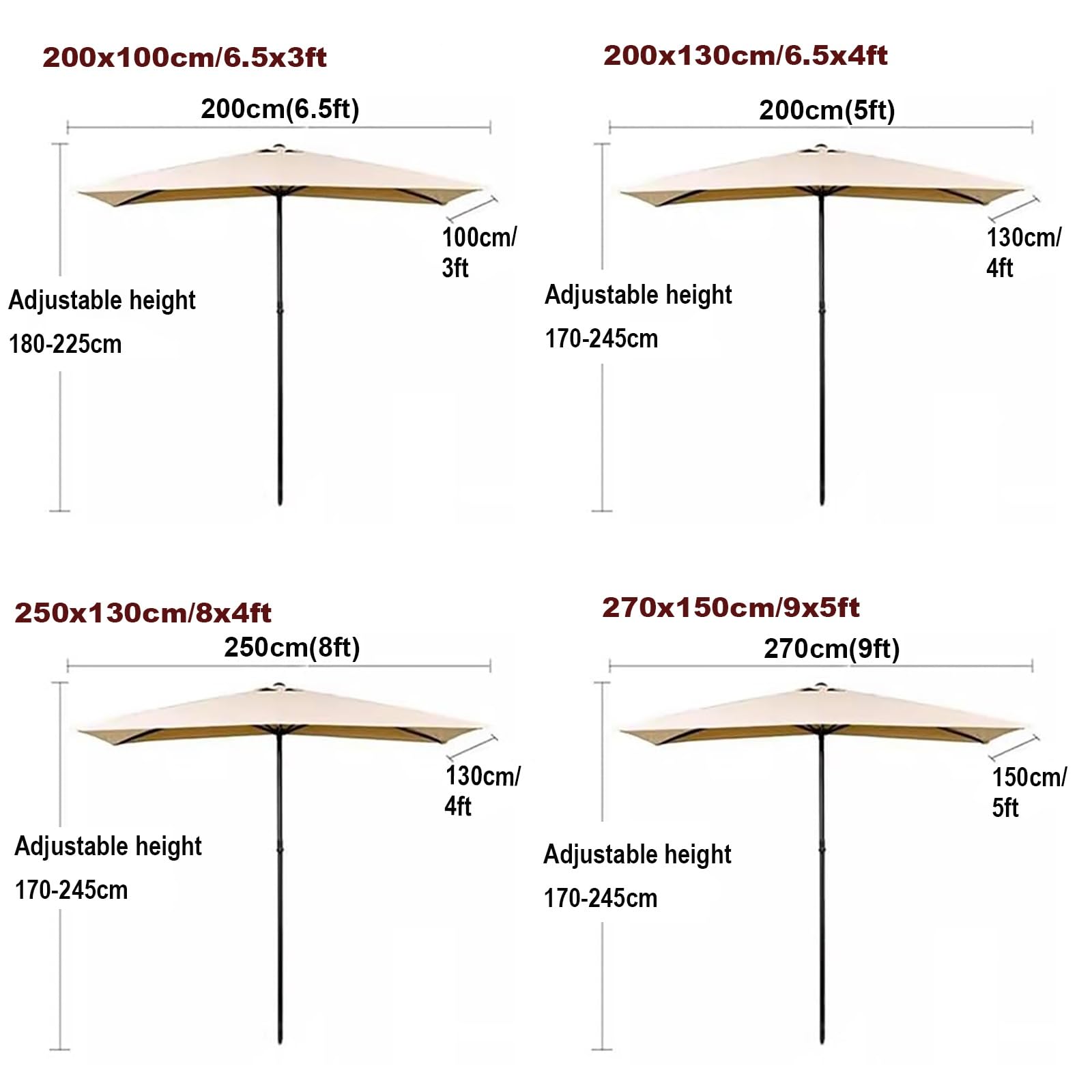 Rectangular 6.5/8/9ft Wall Half Parasol, Patio Umbrella for Outdoor Garden, Patio, Balcony Yard, Adjustable Height