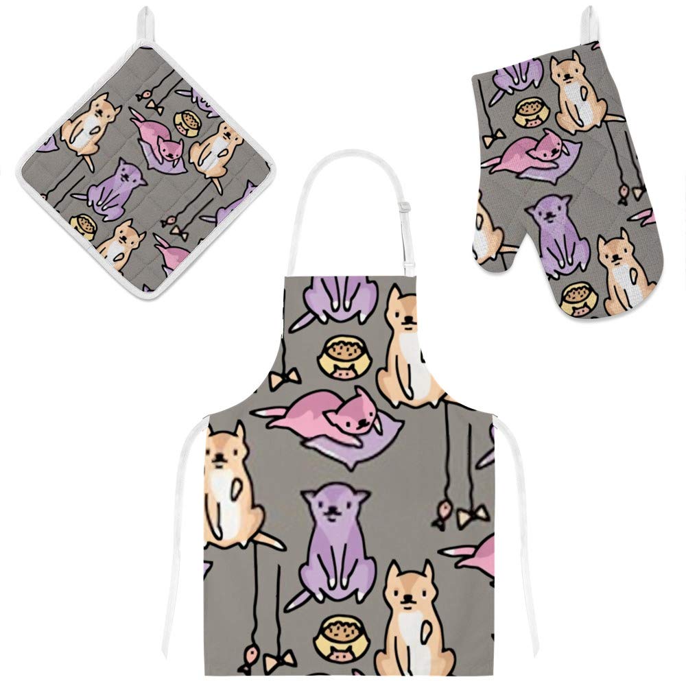 Tablier de cuisine avec maniques et gants motif chats - Lot de 3 pièces Couleur 1