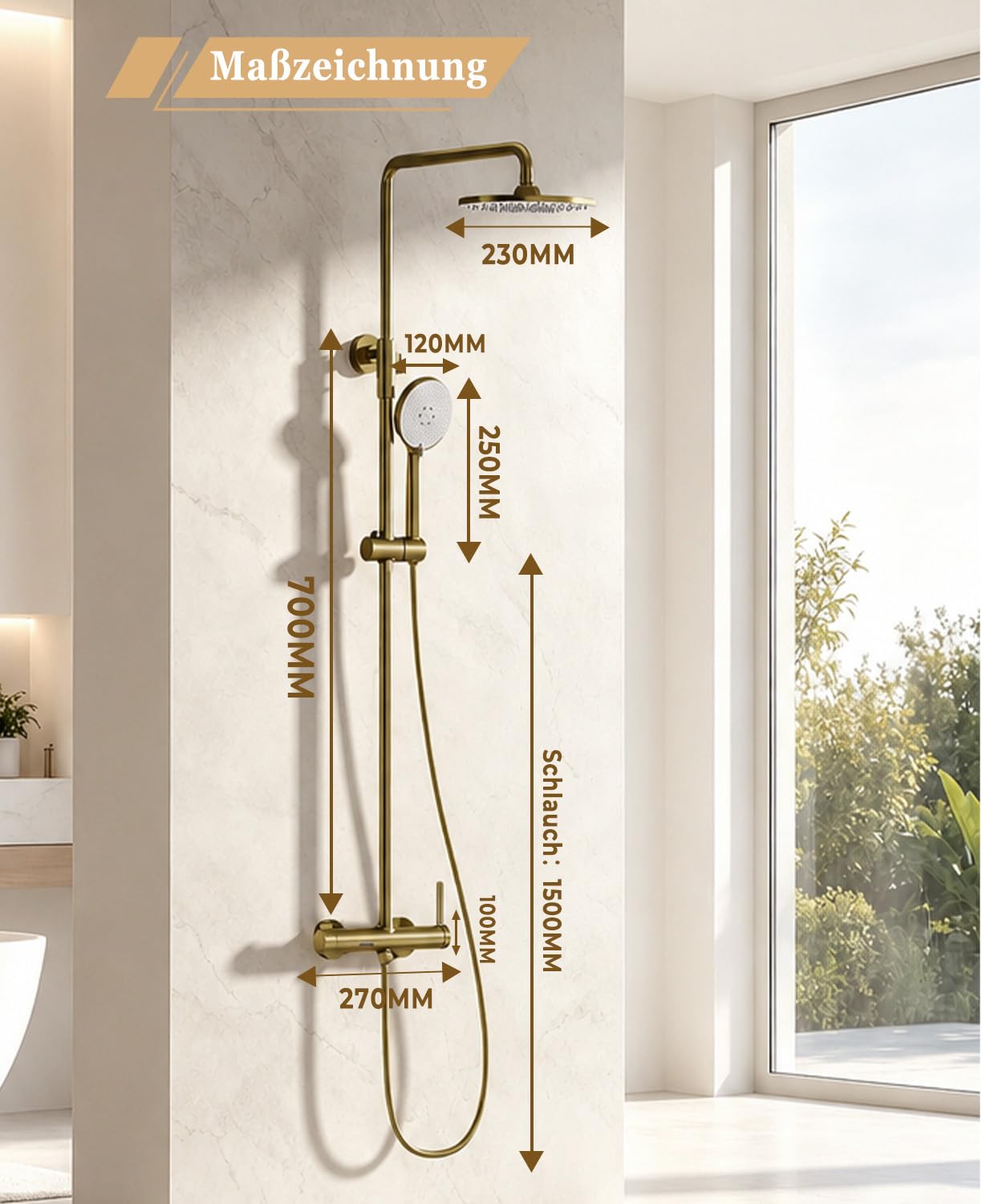 Duschsystem,Duscharmatur Komplettset gold 3 in 1, mit 23 cm Regenduschkopf | Duscharmatur Set gold mit Handbrause 3 Modus, wasserfall Badewannenarmatur, Duschsäule Messing, Höhenverstellbar, Duschset