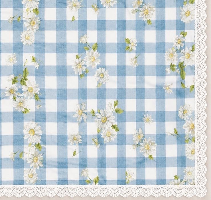 Image of Amazon Brand - Umi Cotton Tablecloth for 6-8 Seater Dining Table, Blue Gingham Check Daisy Floral Print Rectangular Table Cover with Lace Trim 4 Corners, Farmhouse Cottage Style Washable Table Linen