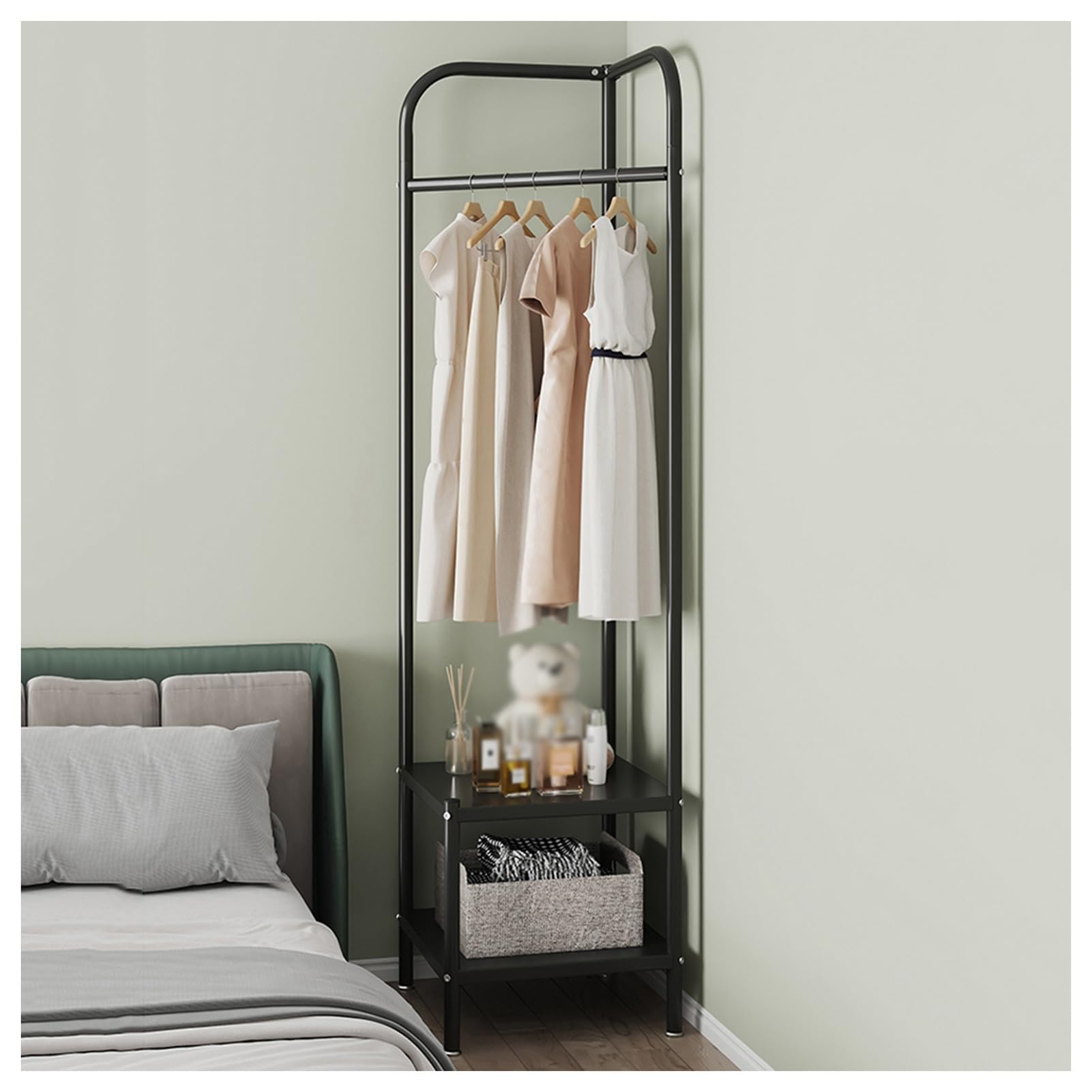 Generisch Eckgarderobe, freistehende Eckgarderobe, Garderobenständer mit Stauraum, Kleiderständer für den Eingangsbereich mit Stauraum, Organizer-Regal für Kleidung, Huttasche (schwarz)