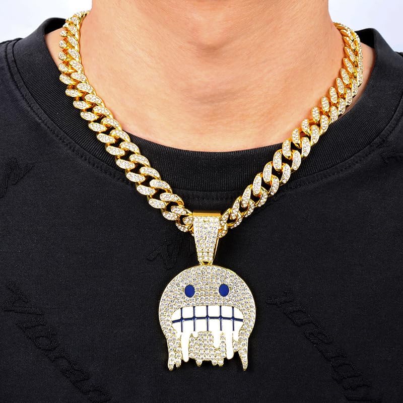 Miami Cuban Link Ice Out Chain for Men Gold Sliver Smiling Face Hip-hop Diamond Pendant Grimace Necklace Bling Mens Jewelry Gift 18-20-22In with Unique Charms - Image 4