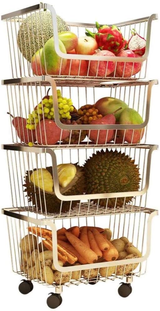 O9 O-Nine 4 Layer Metal Kitchen Storage Organizer Rack Stackable Fruit Vegetable Basket Floor Standing Utility Trolley Cart Shelf for Kitchenware, Household Items, Food, Snacks.