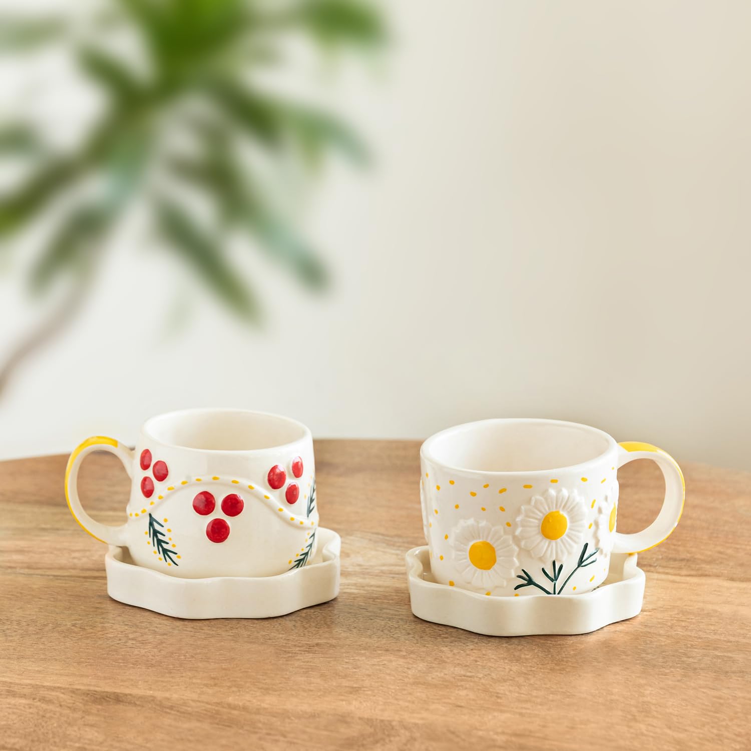 ExclusiveLane 'Bloom Burst' Hand-Painted Ceramic Tea Cup with Saucer Ceramic Coffee Cups Chai Tea Cup (Set of 2, 300 ML, Microwave Safe, Dishwasher Safe)