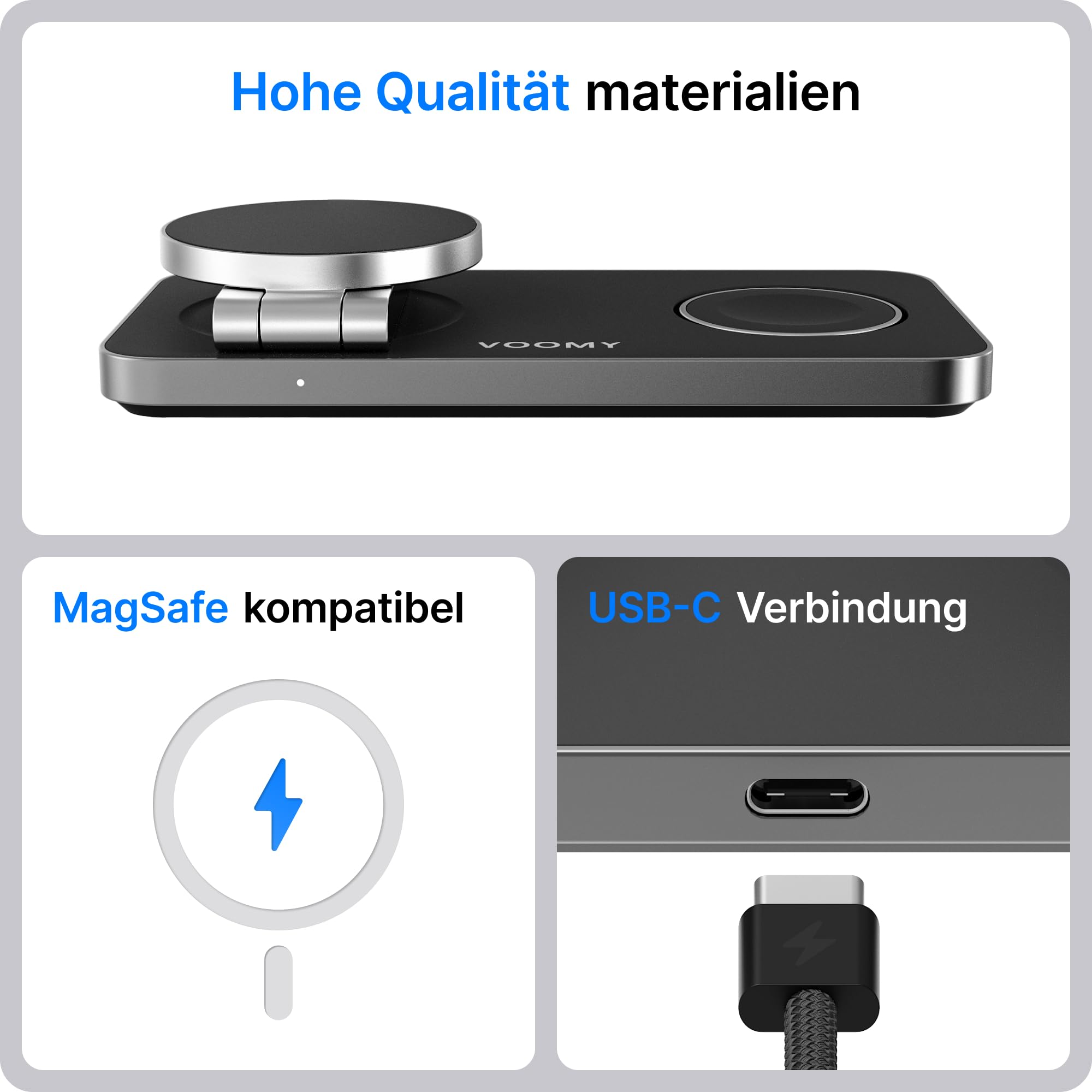 Voomy 3-in-1 Induktive Ladestation Kompatibel mit Magsafe Ladegerät, iPhone, AirPods & Apple Watch, 15W Wireless Charger – Faltbar, Schnellladefunktion, inkl. USB-C Kabel & Adapter (Schwarz Aluminium)