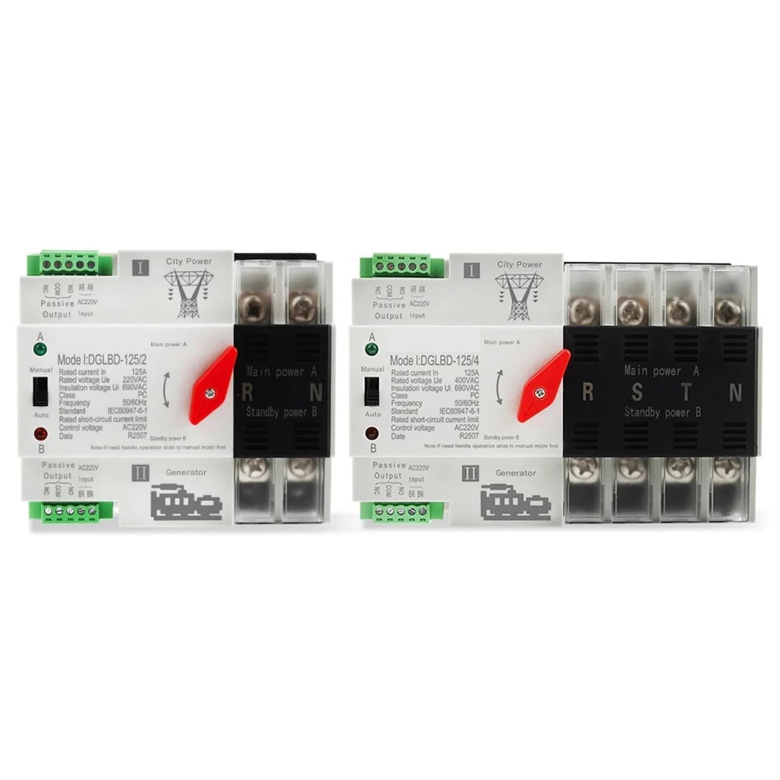 1 x automatyczny przełącznik transferu podwójnego zasilania ATS 2P 4P do szyny DIN 125 A, przełącznik elektryczny, generator prądu nieprzerwanego (2P, 110 V)