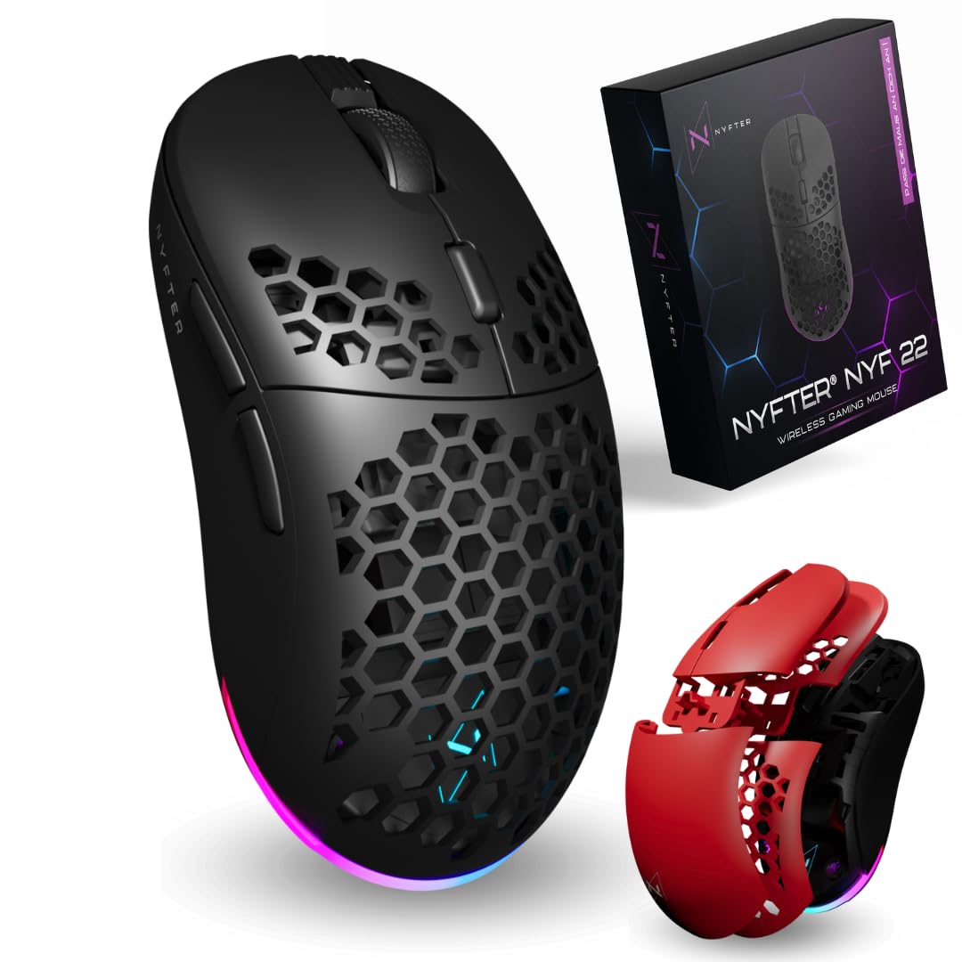 Nyfter - NYF22 Wireless Gaming Mouse Ultraligero 75g Potente con 400mA 19K DPI, 400 IPS 1000 Hz 50h Duración de la batería Duradera Dos Cases intercambiables Incluye