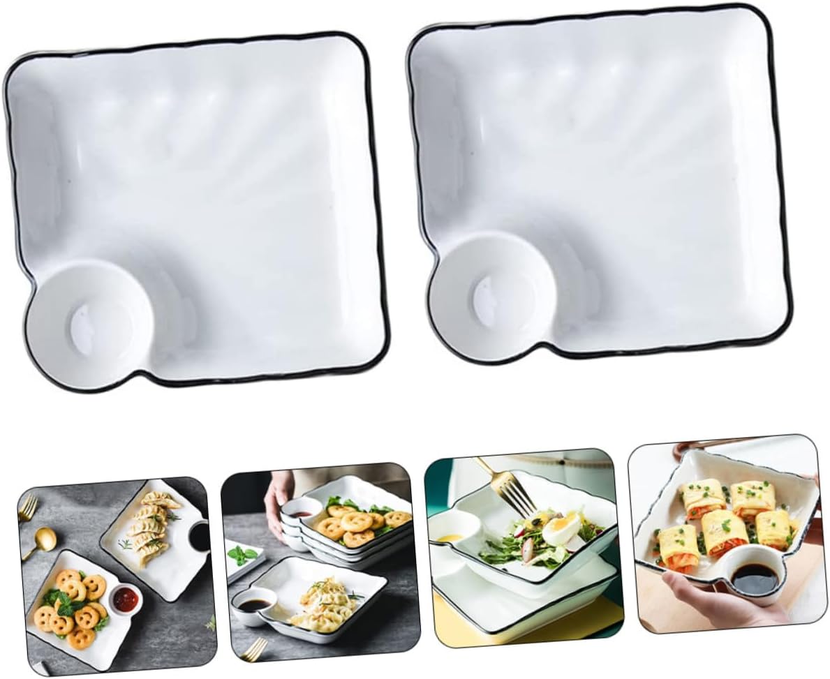 Cabilock 2pcs Ceramic Dipping Dish Set Multifunctional Sushi Plate with Sauce Dish for Dumplings Appetizers and Snacks Elegant Design for Home Use