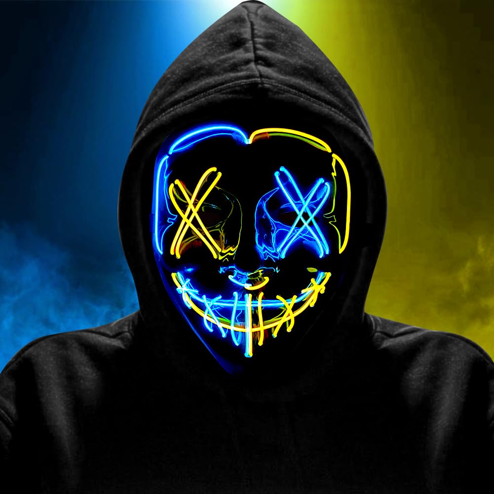 HATFRYF Halloween Masks LED Mask in Multiple Light Modes, Light up Scary Mask, Glowing Horror Smile Masks, Costumes for Men Adults, Anonymous Neon Halloween Gifts - ice blue yellow