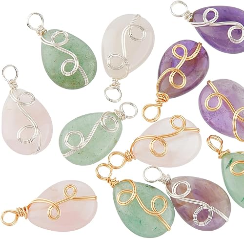 Miniatura 7 de SUPERFINDINGS 12 colgantes de piedra mixta de 6 estilos, colgantes de piedra de amatista, dijes de cuarzo rosa, dijes de gota de agua de aventurina