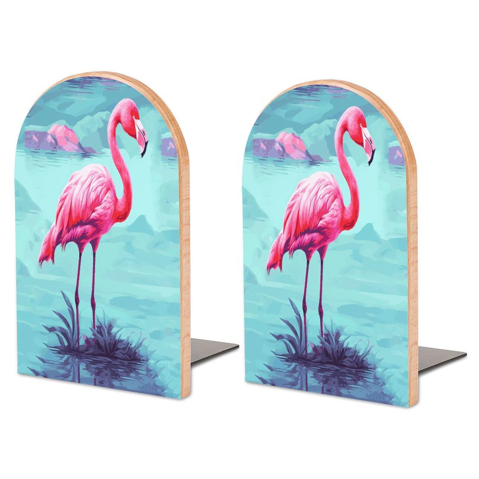 Sujetalibros de madera con flamencos rosados y base de metal antideslizante para estanterías