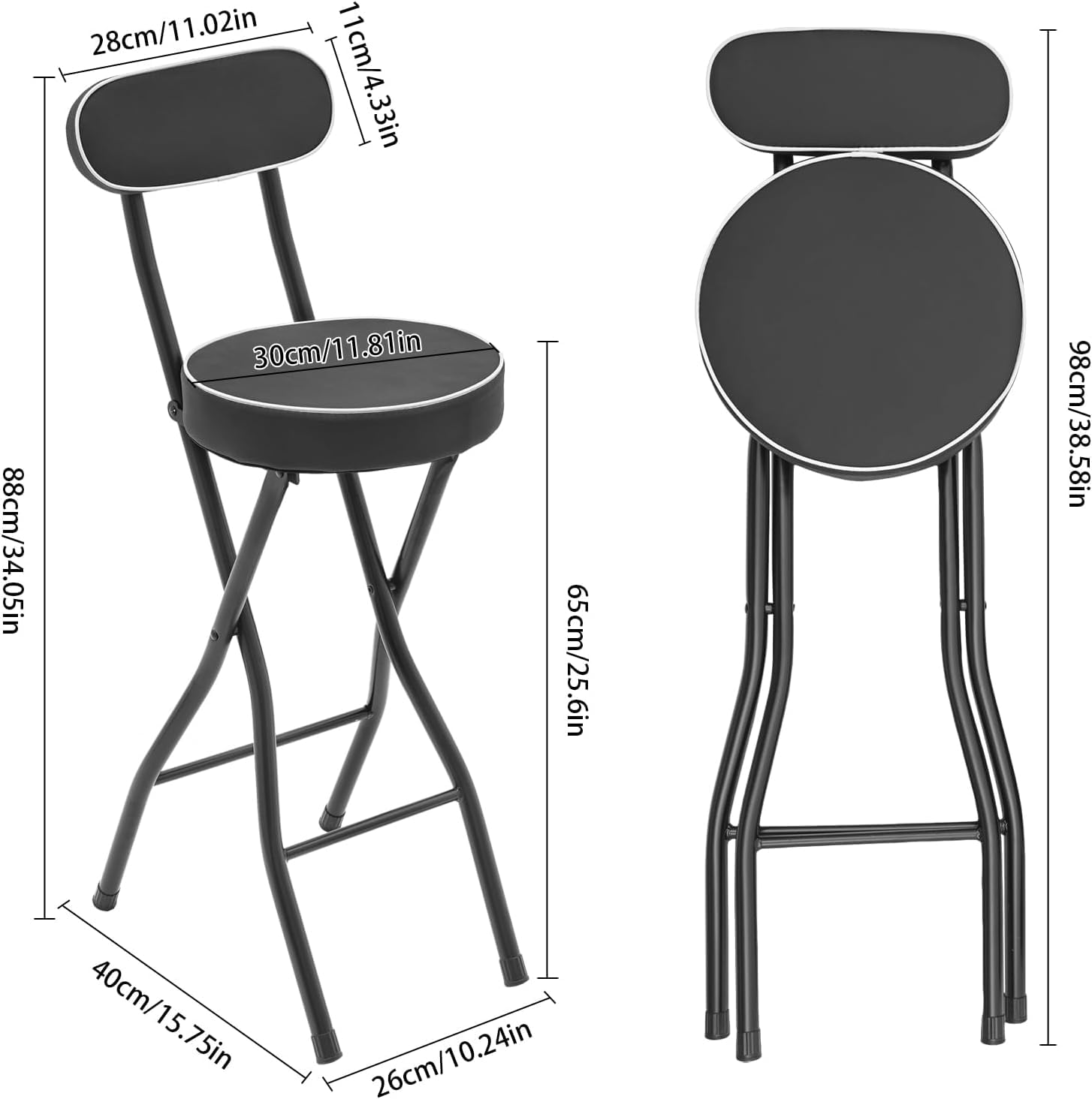 Juego de 2 taburetes plegables de 65 cm, apilables, altura regulable, marco de metal, acolchado, estable, ahorra espacio, para cocina, comedor, jardín, escuela, invitados (negro)