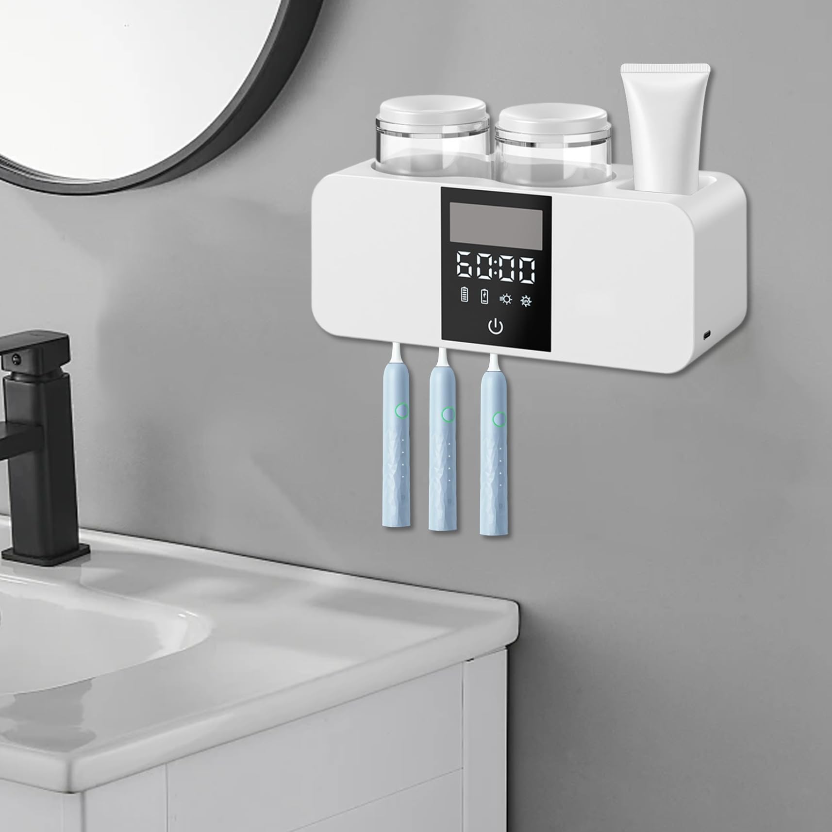 Soporte Inteligente para cepillos de Dientes, 2 Tazas, Soporte para cepillos de Dientes con energía Solar, con 4 Ranuras y dispensador de Pasta de, prácticos Accesorios de baño autoadhesivos