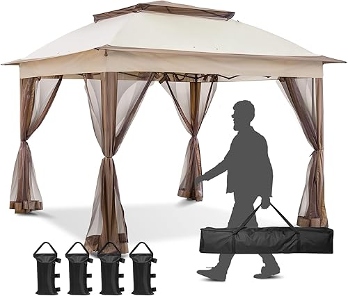 Miniatura 7 de 11x11 Tienda de campaña desmontable para exteriores con paredes de malla para patio, césped, jardín trasero y terraza, beige