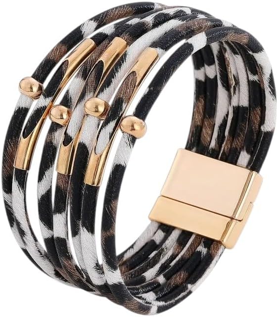 Leopard Leather Bracelet Jewelry Fashion Women Metal Tube Ladies Wide Multilayer Wrap Bracelets & - Trendy Wrist Accessory, Suitable for Women Or Men