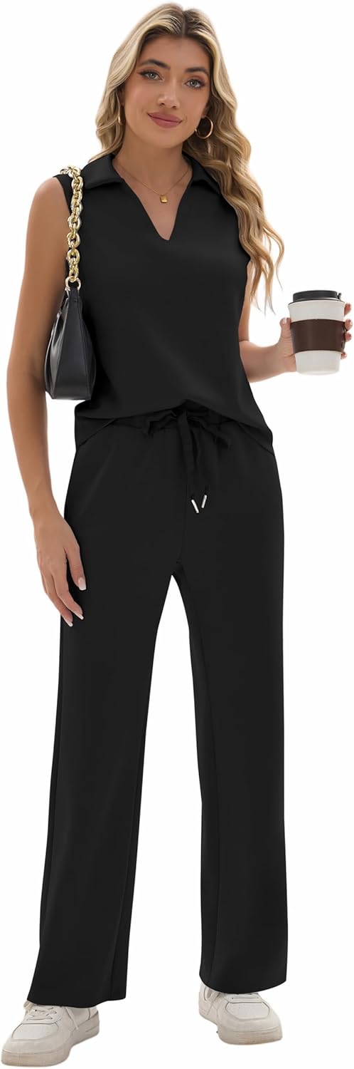 Sixstar Two Piece Sets for Women Summer V Neck Tops Wide Leg Sweatpants Sleeveless Tracksuit Travel Outfits - Image 5