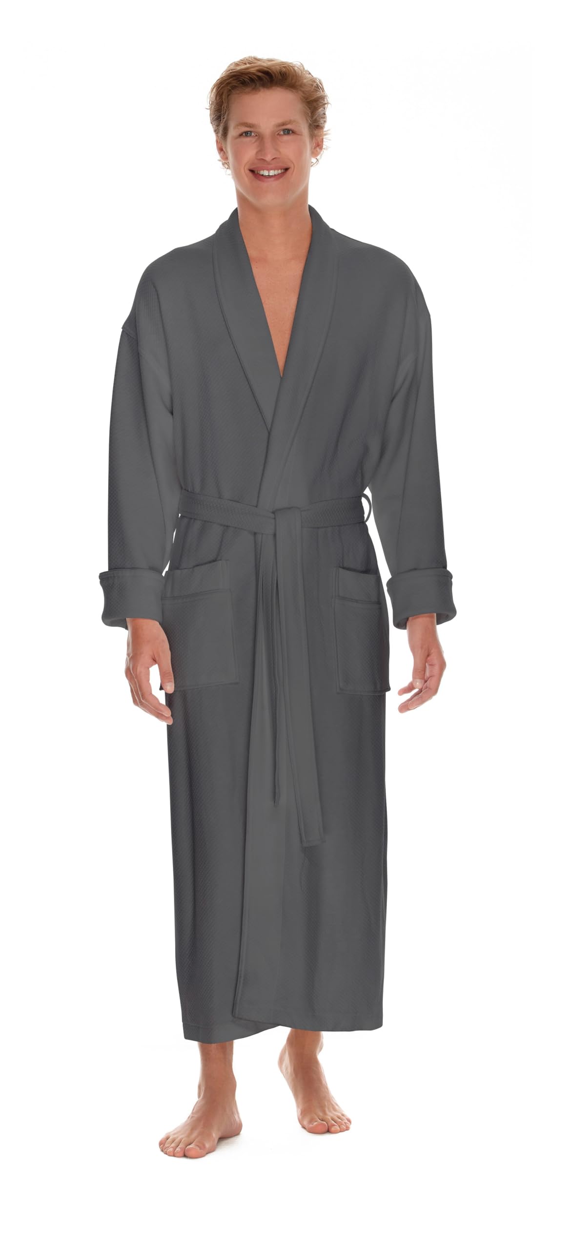 Boca Terry Mens Soft Waffle Knit Robe - Long Spa, Resort & Hotel Bathrobe for Men - Luxury Bath Robe, Grey, M-L