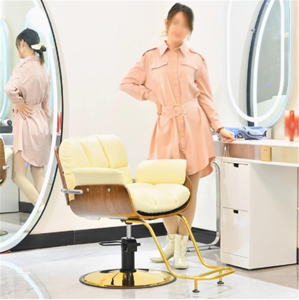 Regulowane krzesło fryzjerskie do salonów fryzjerskich stylowe beżowe krzesło do salonu ergonomiczna konstrukcja profesjonalny fotel fryzjerski wyposażenie salonu regulacja wysokości wygodna tapicerka