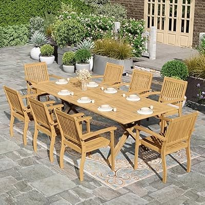 HERA'S HOUSE 9 Pieces Outdoor Dining Set, Wooden Patio Table and Chairs, Rectangular Expandable Acacia Wood Table Chairs Set for Backyard Garden Lawn Deck