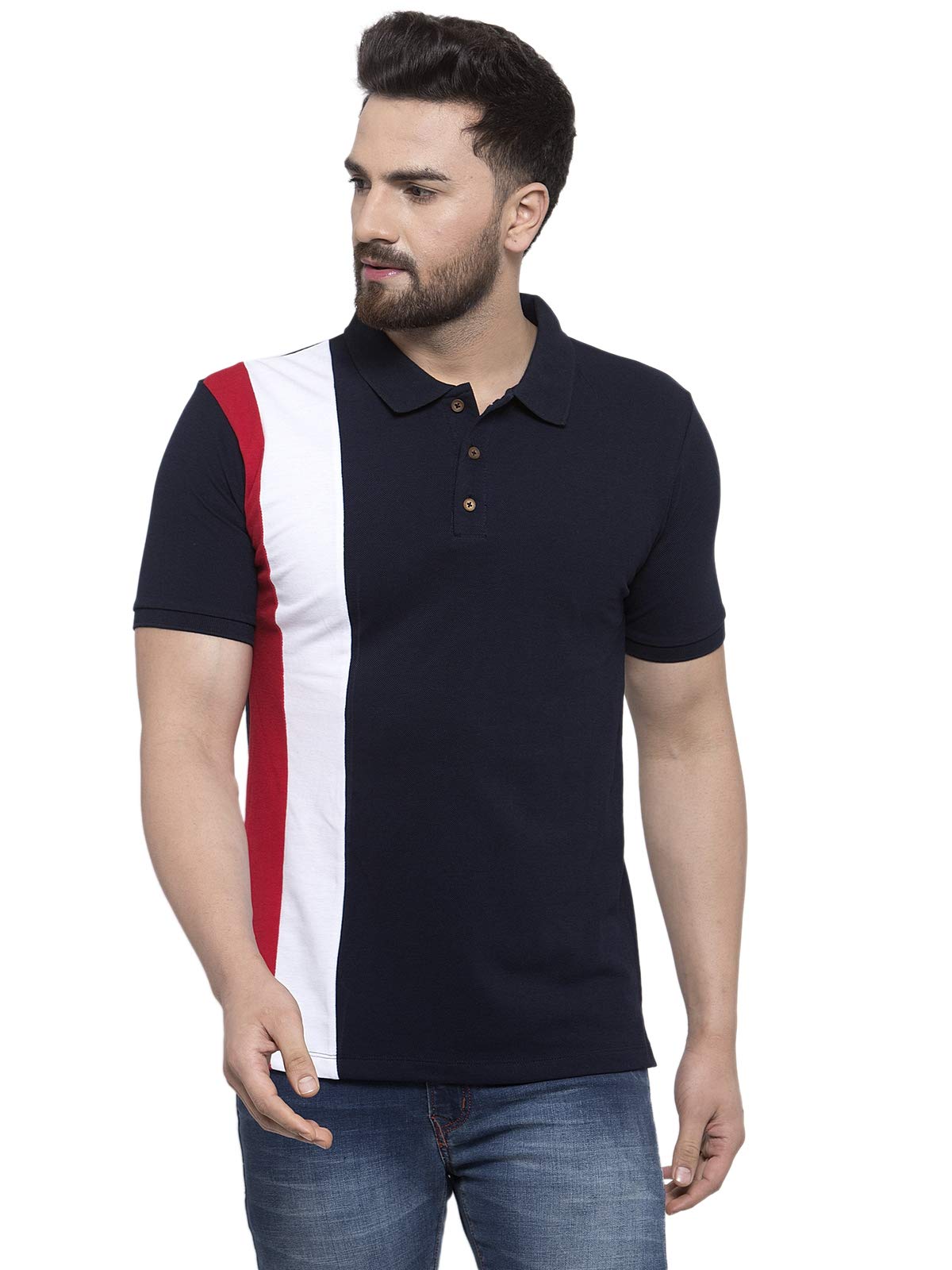 kalt Men's Half Sleeves Multi Colour Polo Neck Cotton Blend Vertical Stripe T-Shirt(Navy::White::Red)-picture-13