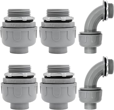 1-1/4 inch Liquid Tight Connector PVC Flexible Conduit Connector, 180 Degree and 90 Degree UL Listed, Non-Metallic Electrical Conduit Fittings 6 Pack4 pcs 180D/2 pcs 90D